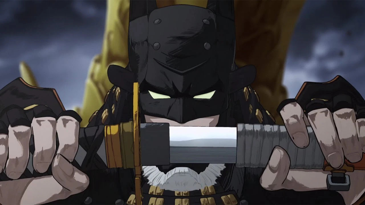 A close-up shot of Batman in feudal Japanese armor unsheathing a katana in Batman Ninja.