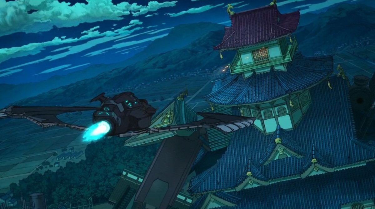 A bat-shaped fighter jet flying towards a Japanese palace with mechanized arms in Batman Ninja.