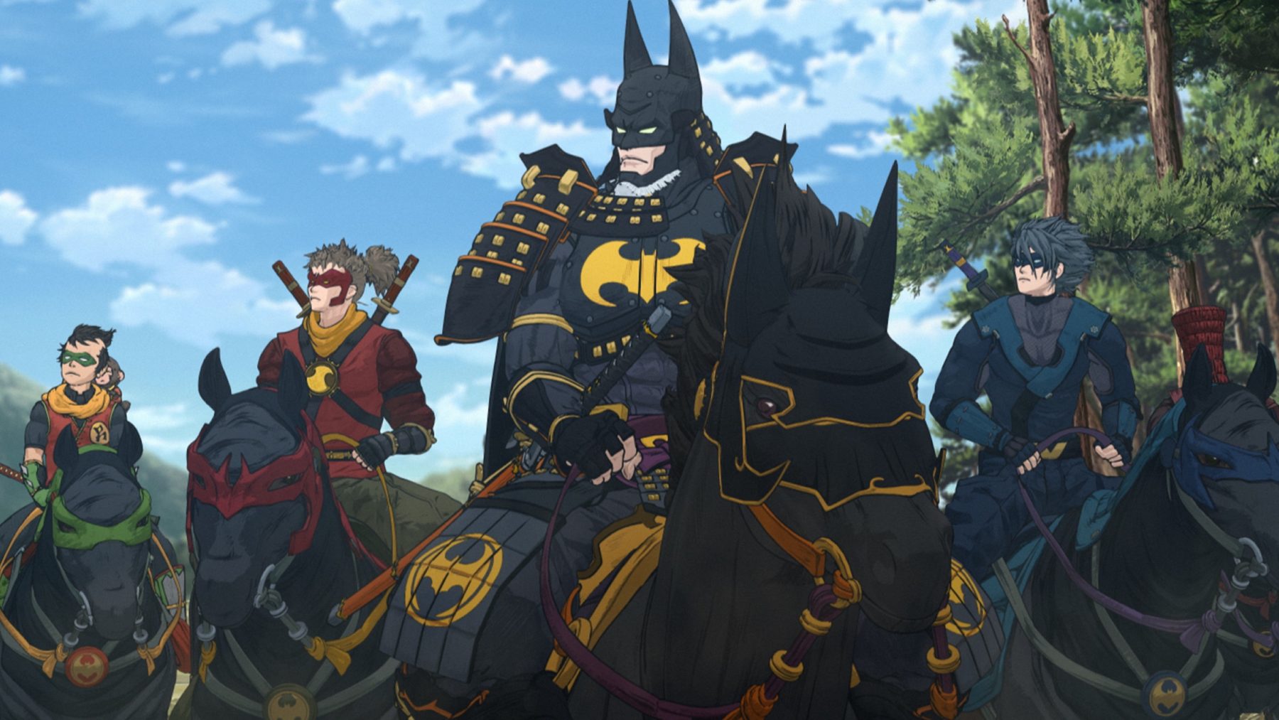 Robin, Red Robin, Batman, and Nightwing dressed in feudal Japanese attire and armor and riding atop horses in Batman Ninja.