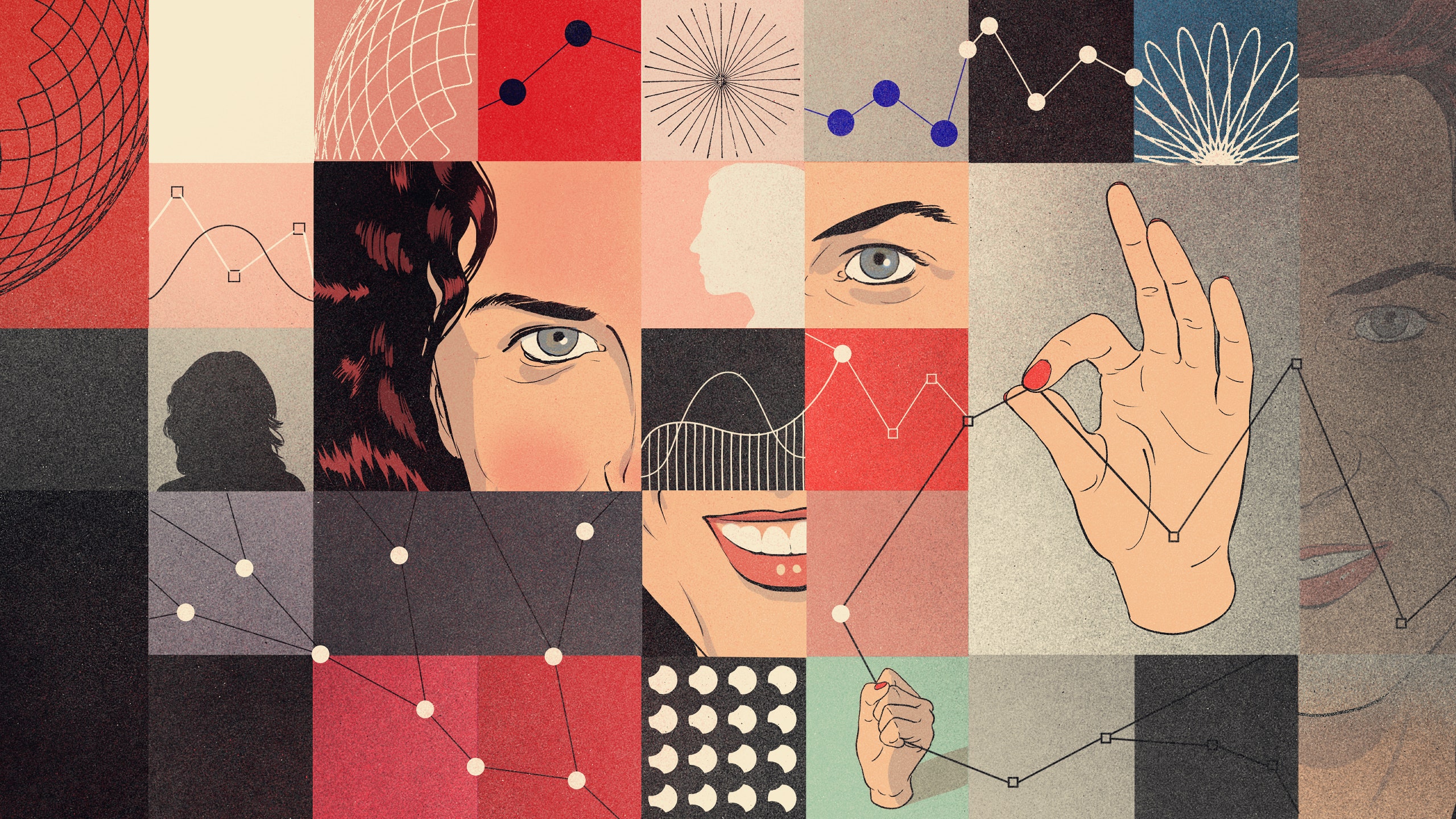 An illustrated collage with representations of data and portions of Francesca Ginos face.