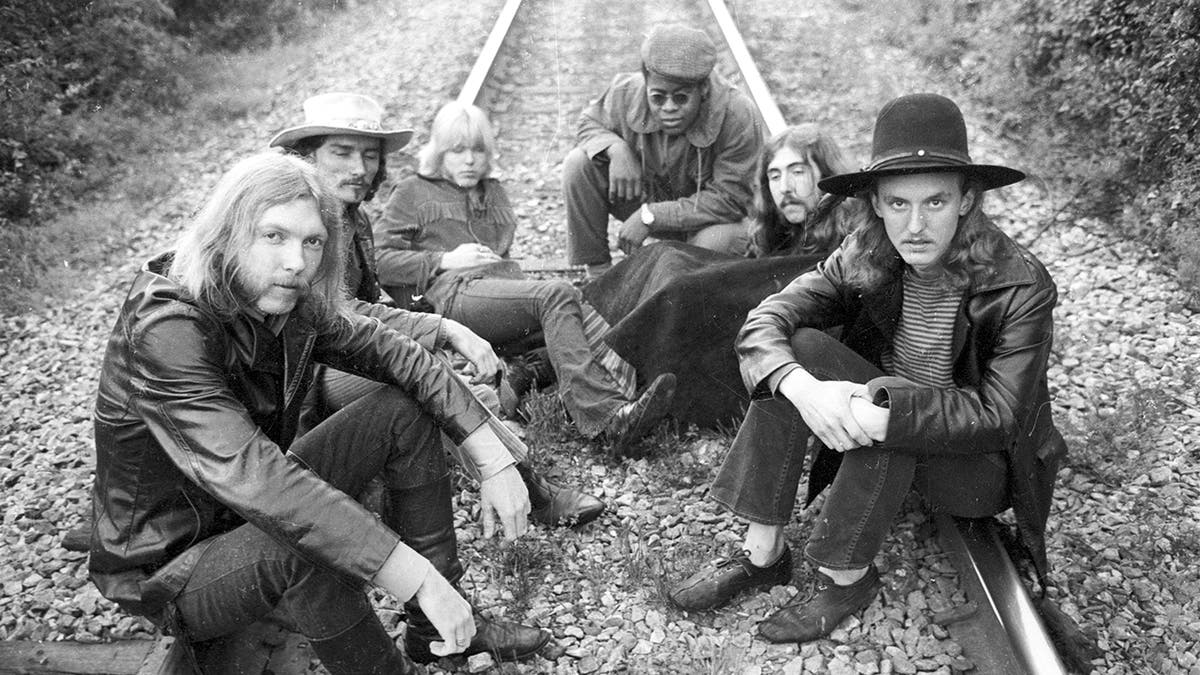 Black and white photo of Allman Brothers Band