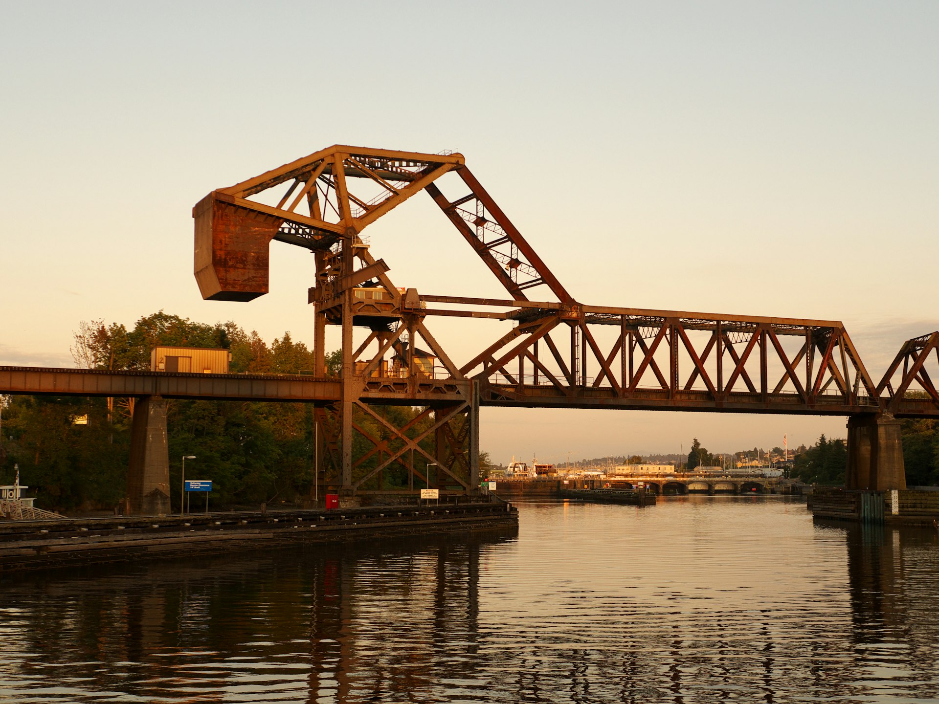 The Hiram M. Chittenden Locks in Seattle at sun set