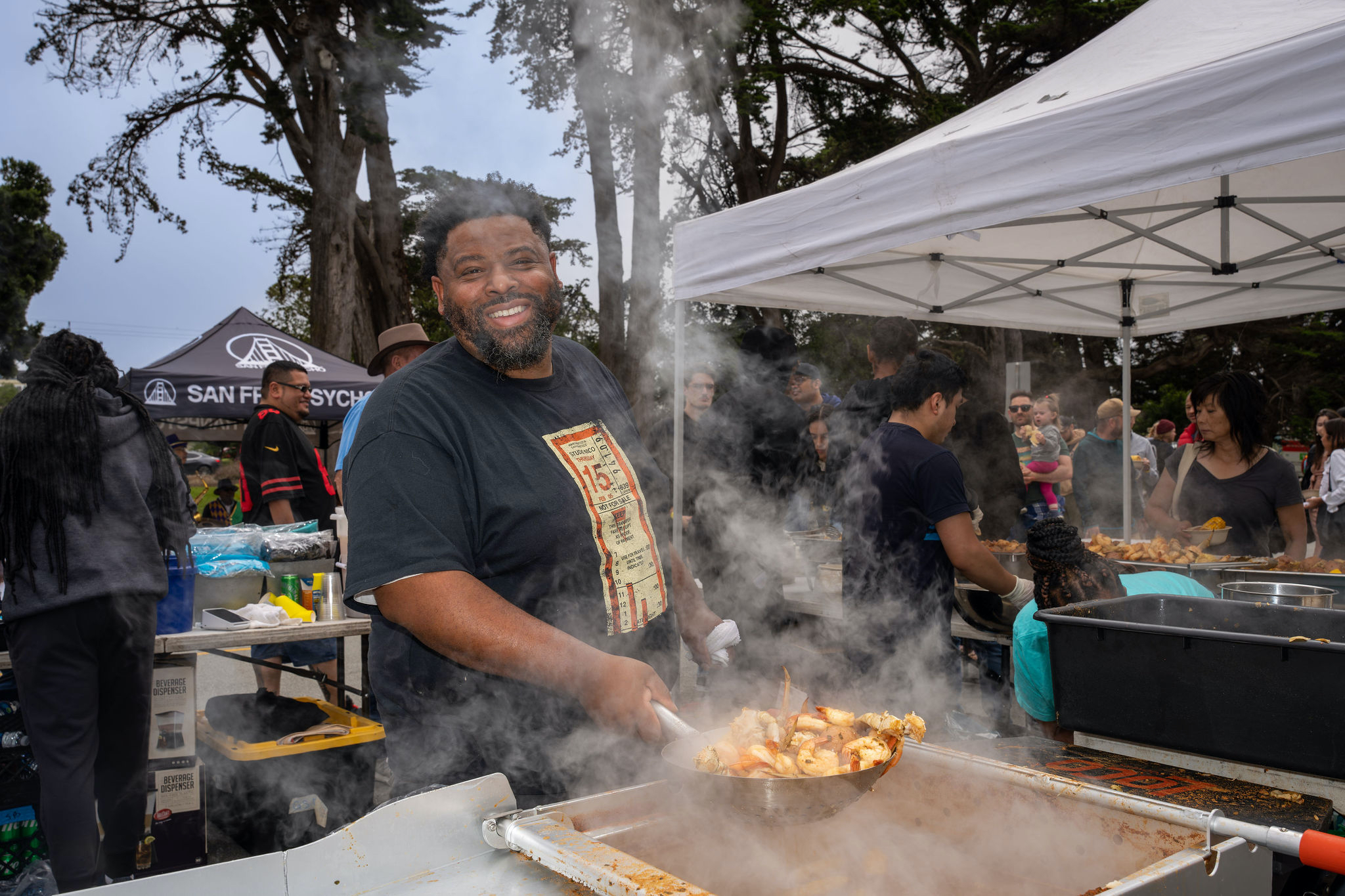 Chef Dontaye Ball cooking at a Gumbo Social pop up in San Francisco 