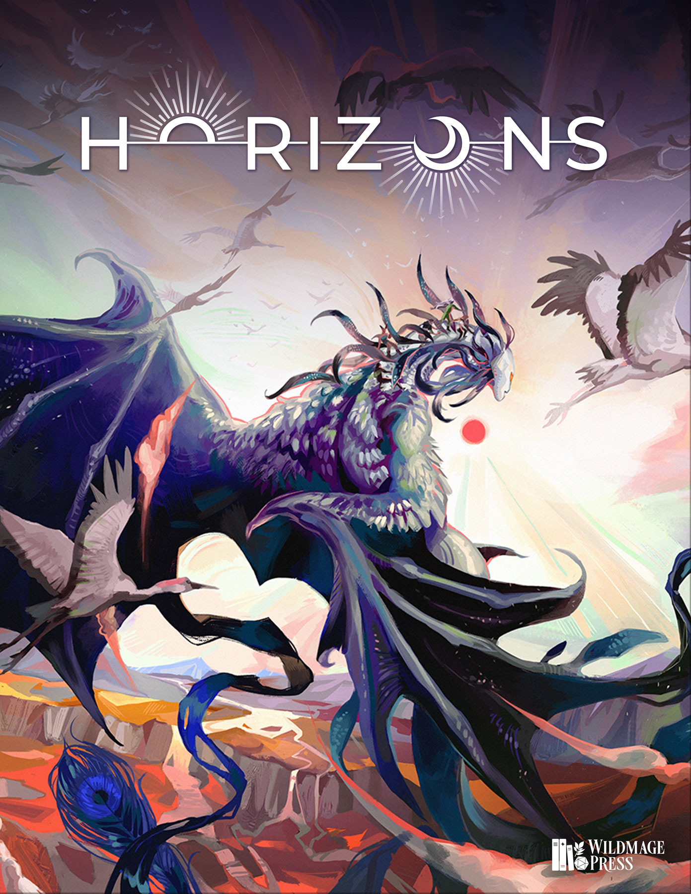 Cover of Horizons 1, with an illustration of a winged draconic creature soaring above a landscape with rivers and canyons. Tiny figures are riding on the creature's feathered neck, and cranes soar alongside it. The image reads coming October 9. 