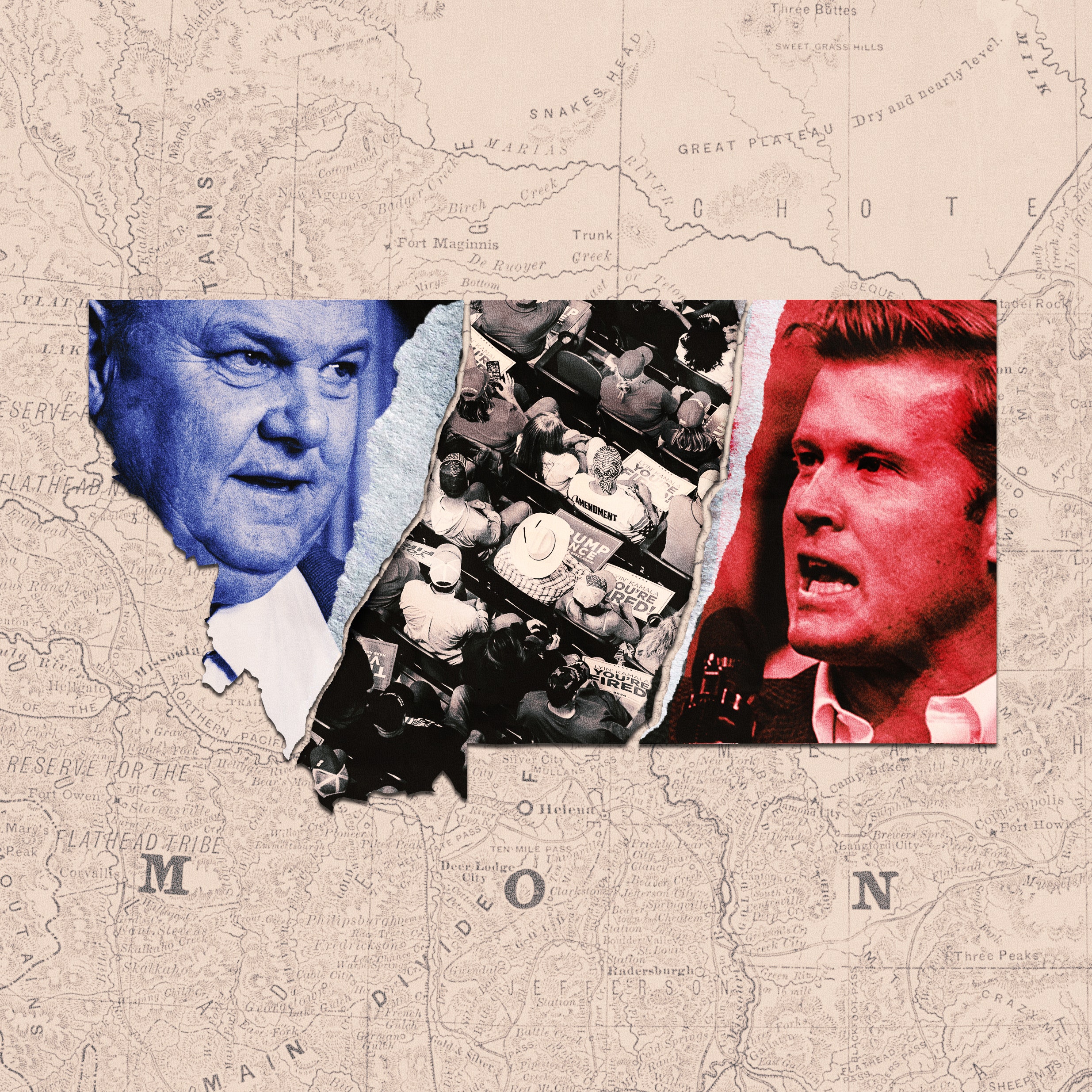 Collage illustration of Jon Tester and Tim Sheehy.