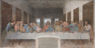 A painting of Jesus presiding over a dinner with lots of drama around him.