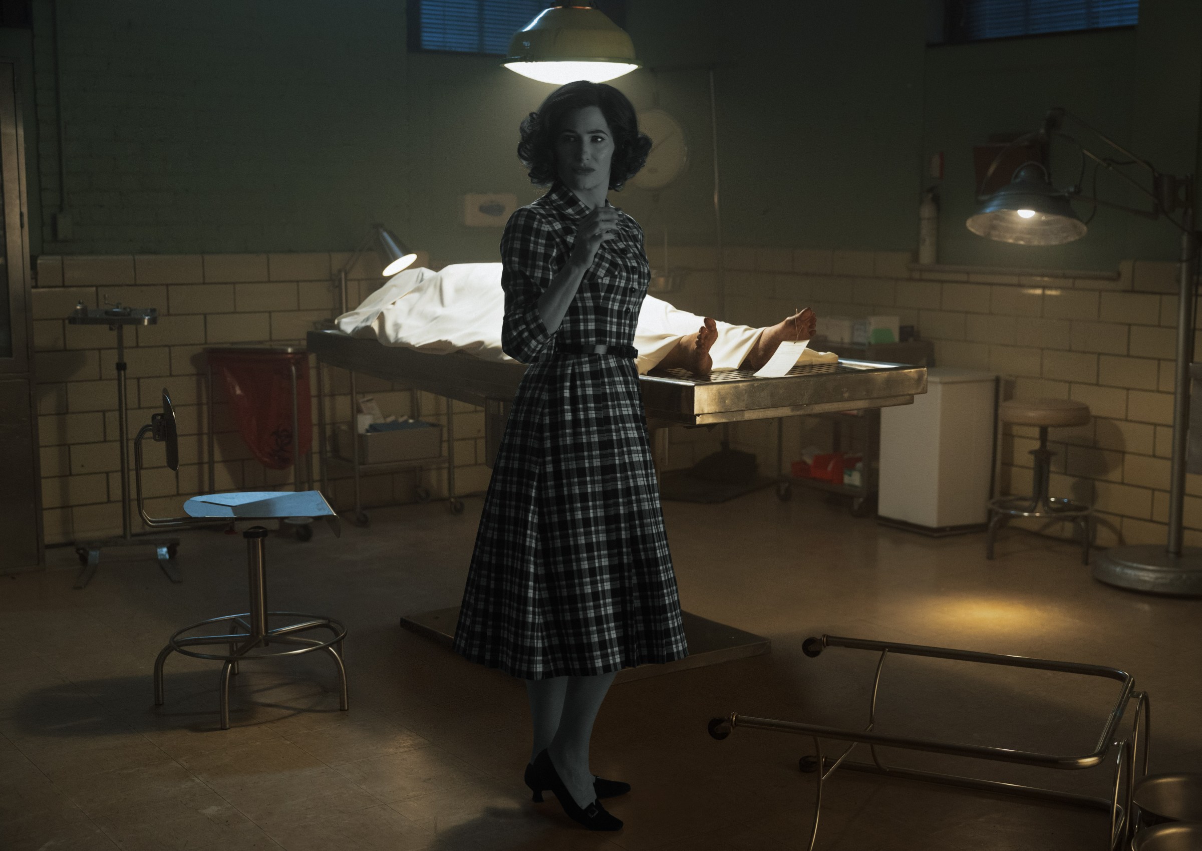 Agatha appearing in her black and white Agnes garb in the morgue in Agatha All Along