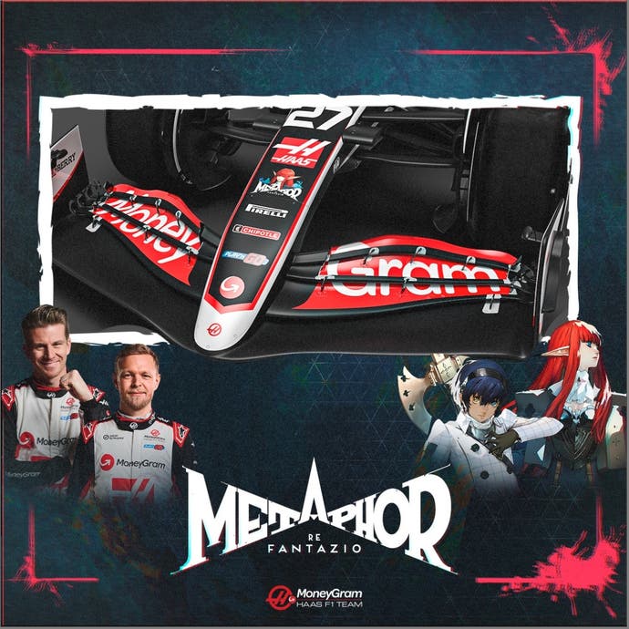 Promotional image showing Metaphor character on F1 car next to characters and drivers