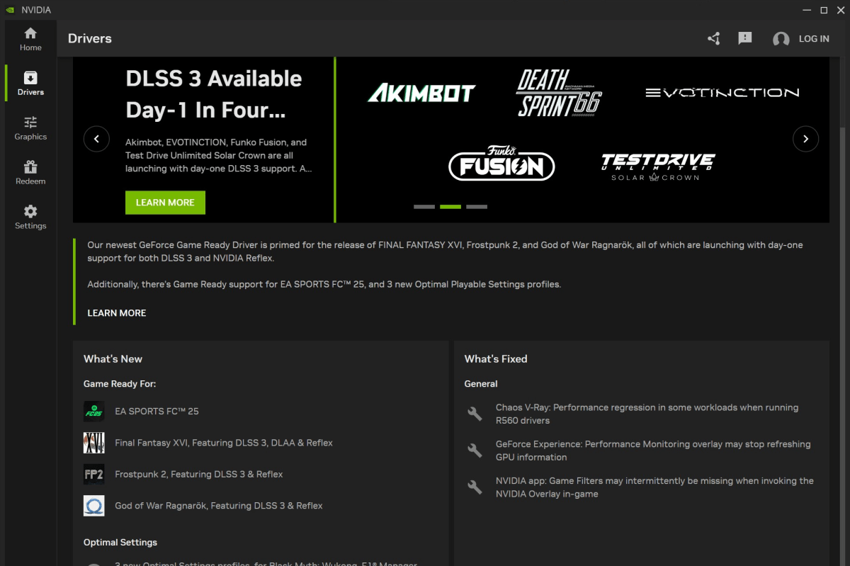 Nvidia App drivers section settings screenshot