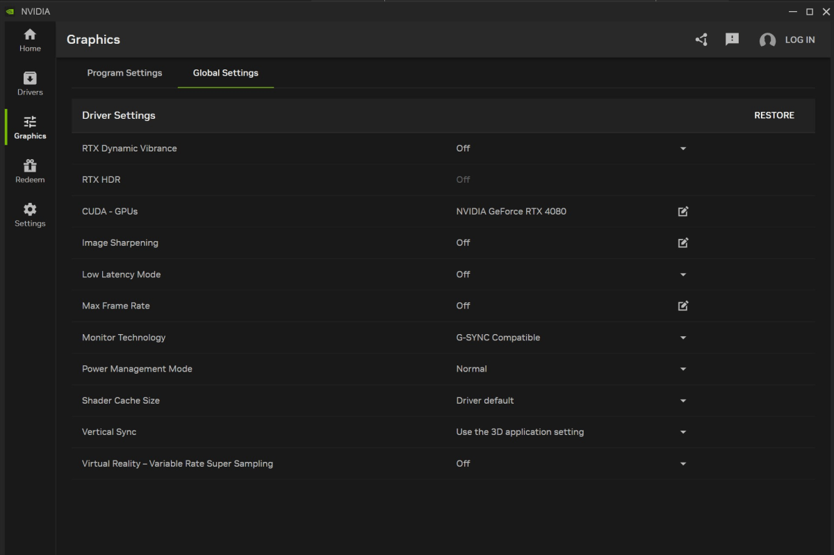 Nvidia App graphics section Global Settings screenshot