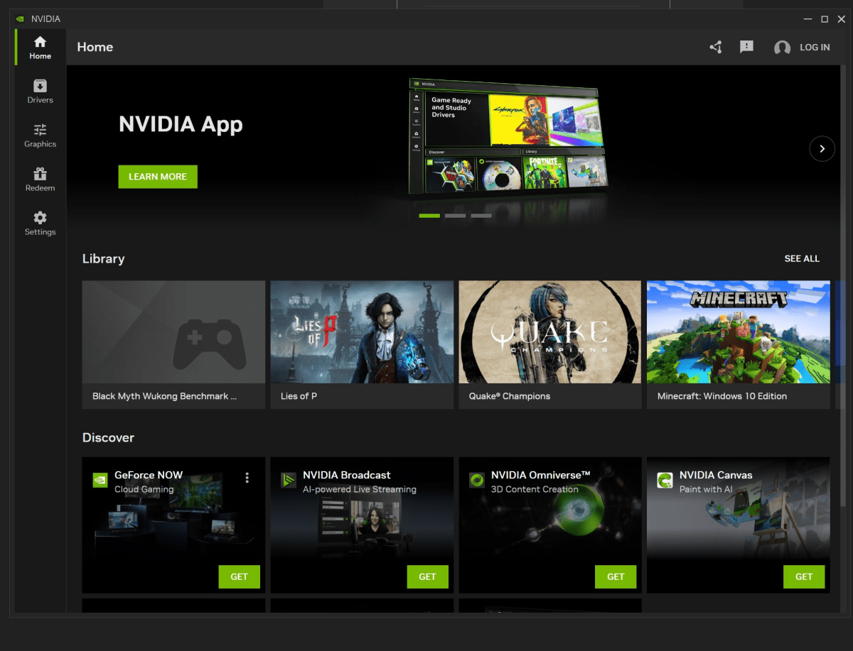 Nvidia App home dashboard showing Library and Discover screenshot