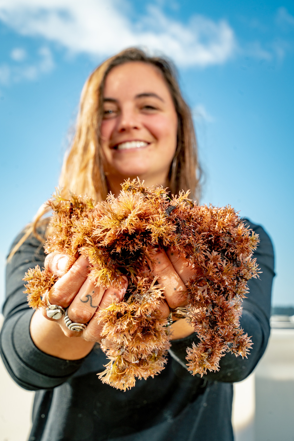 woman holding bunch of brown seaweed