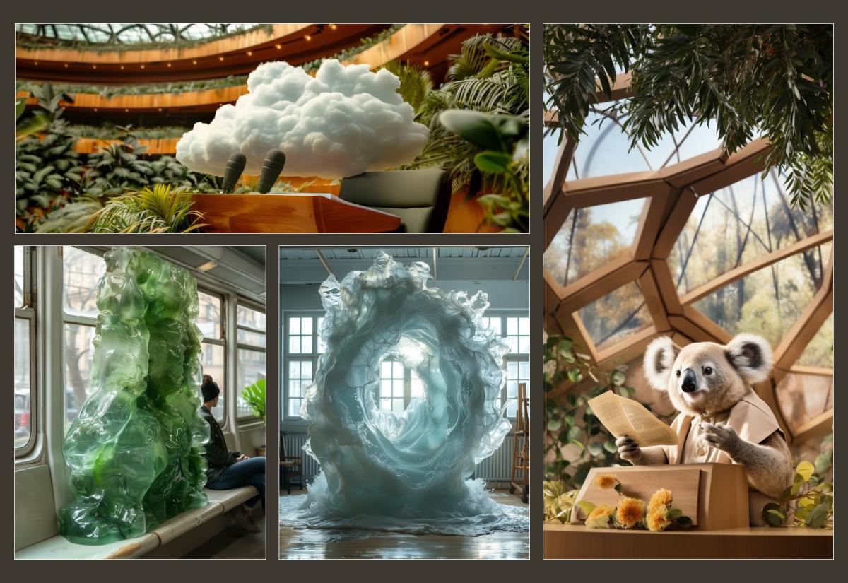 A collage of four AI-generated images shows a cloud hovering over a podium in a parliament building, a koala standing at a similar podium, a big blob of green algae sitting on a train bench, and a circular wave of ocean water in an indoor studio.