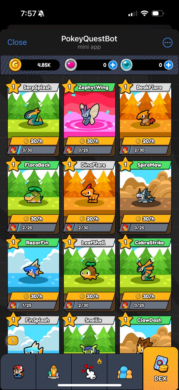 A screenshot from Pokey Quest, showing a list of monsters.