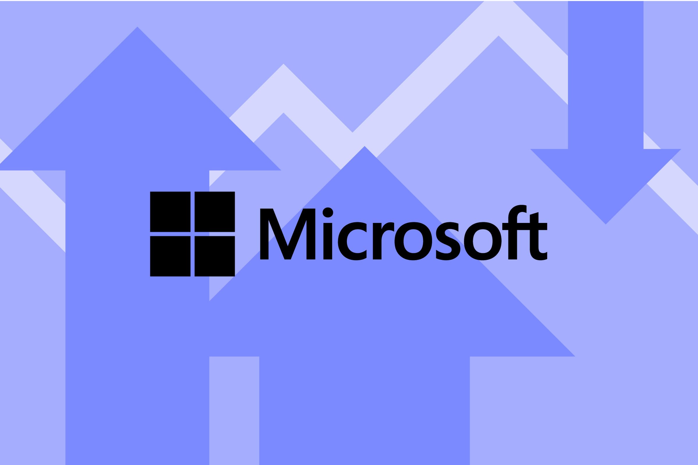 Vector collage of the Microsoft logo among arrows and lines going up and down.