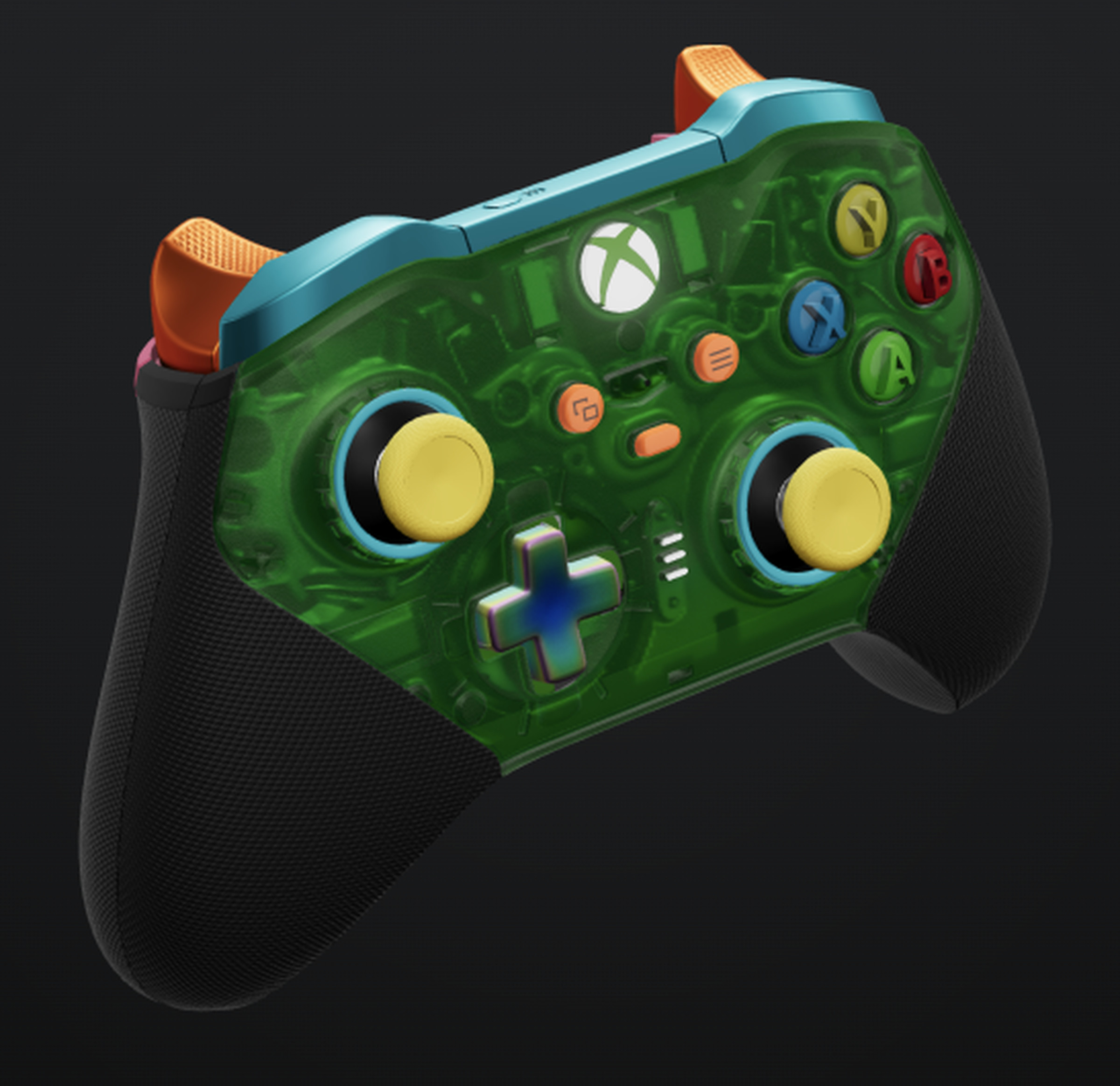 A translucent green Xbox Elite Wireless Controller with yellow joysticks, multicolored ABXY buttons, orange triggers, light blue shoulder buttons, and an “energy chroma” d-pad.