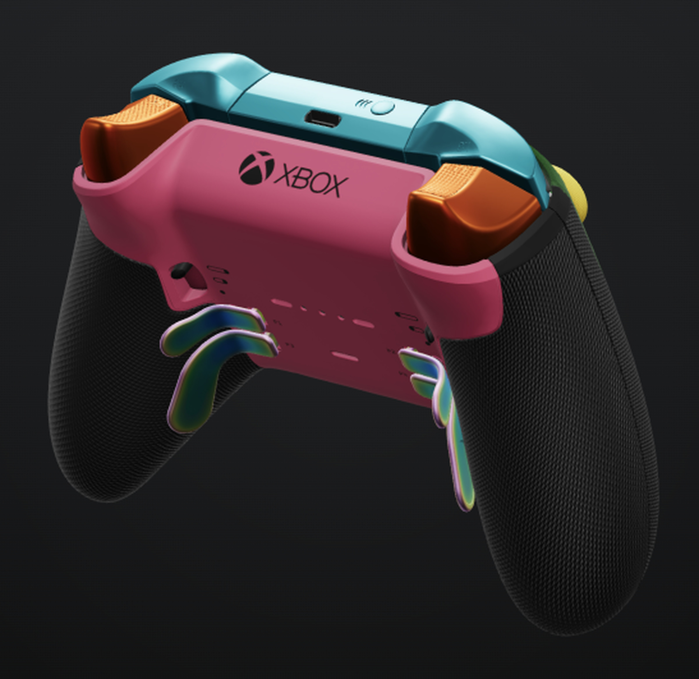 The rear of the custom controller shows a pink backplate and energy chroma paddles.