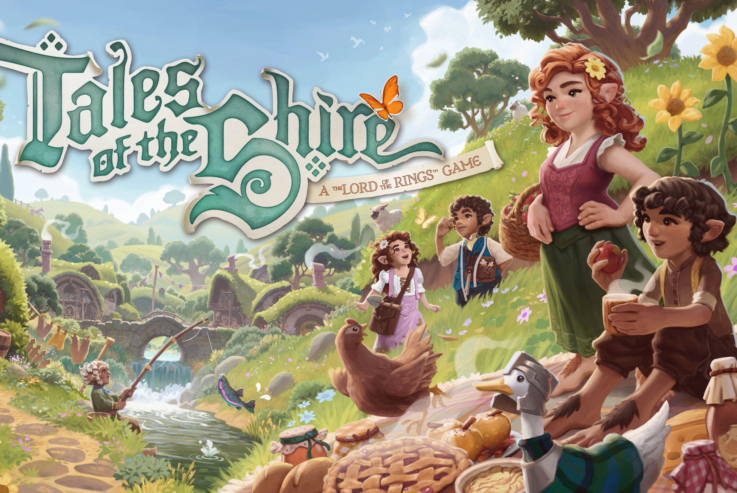 Key art for Tales of the Shire, featuring happy hobbits fishing and picknicing.