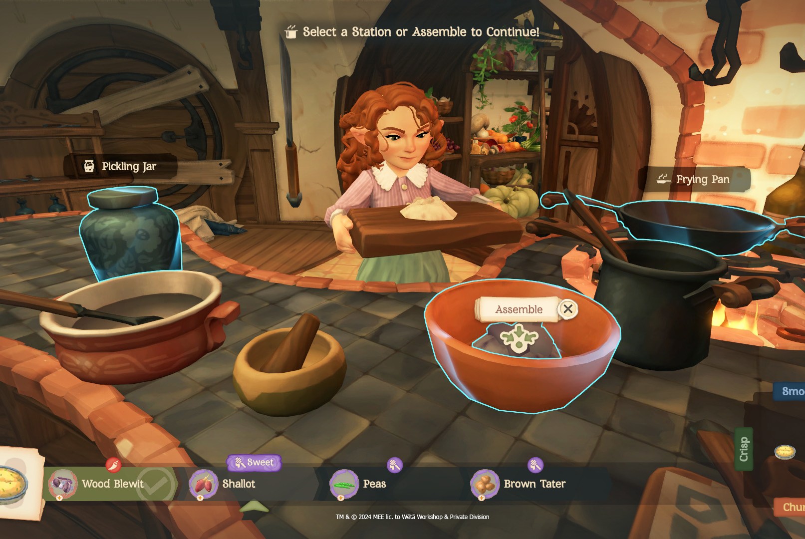 A hobbit PC of Tales of the Shire holds a cutting board in the midst of cooking. UI elements show the texture of the dish, as well as a choice of pickling jar, mixing bowl, and frying pan for tools.