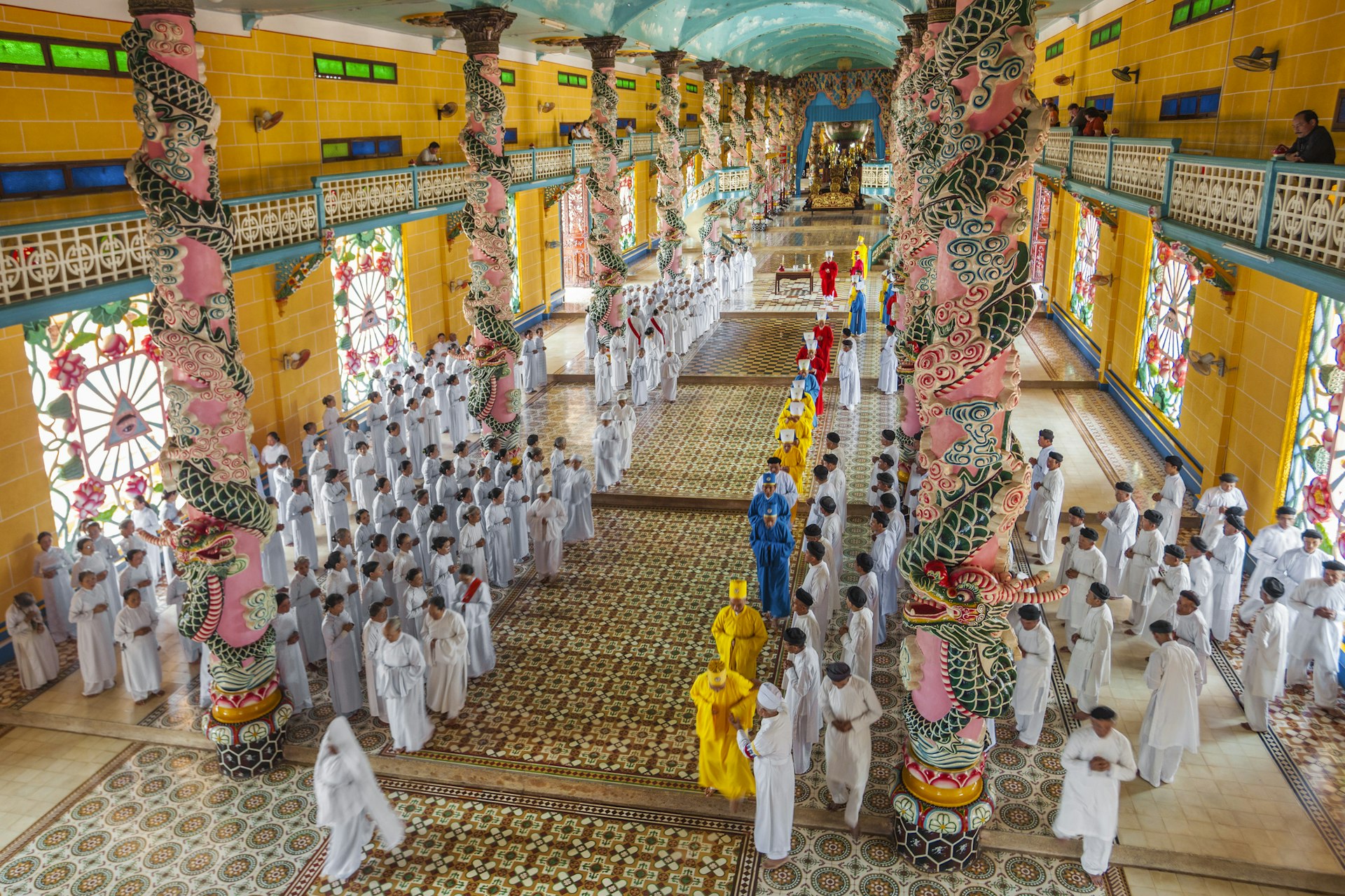 Interior of the Cao Dai Holy See in Tay Ninh, Vietnam. 