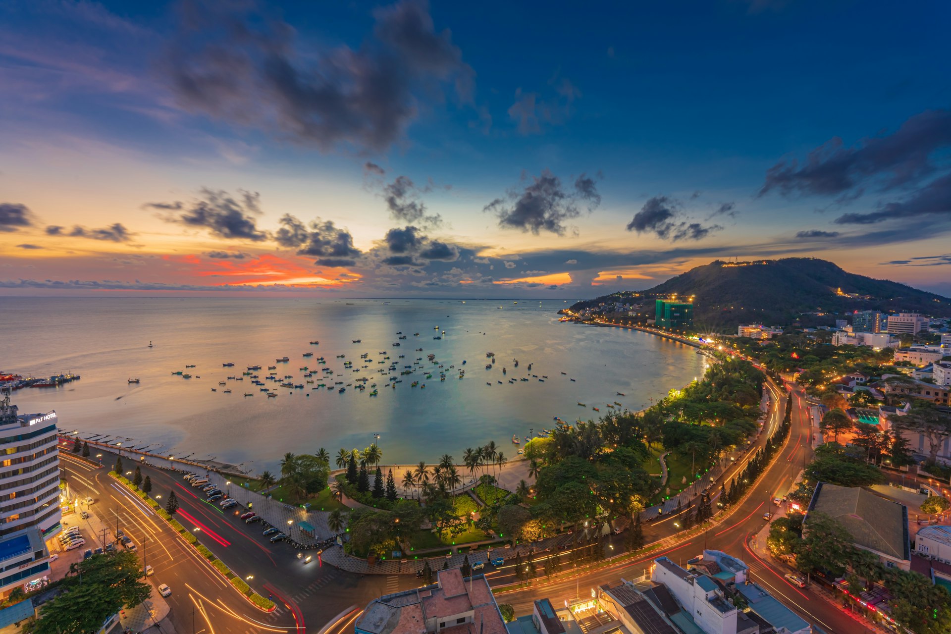 View over the beachfront at sunset in Vung Tau, Vietnam.