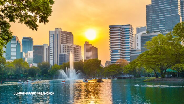 View of Lumphini Park at Sunset in Bangkok, Thailand