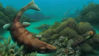 Artist illustration of mosasaur swimming near a reef.