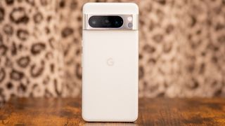 Google Pixel 8 Pro back in porcelain in front of animal print