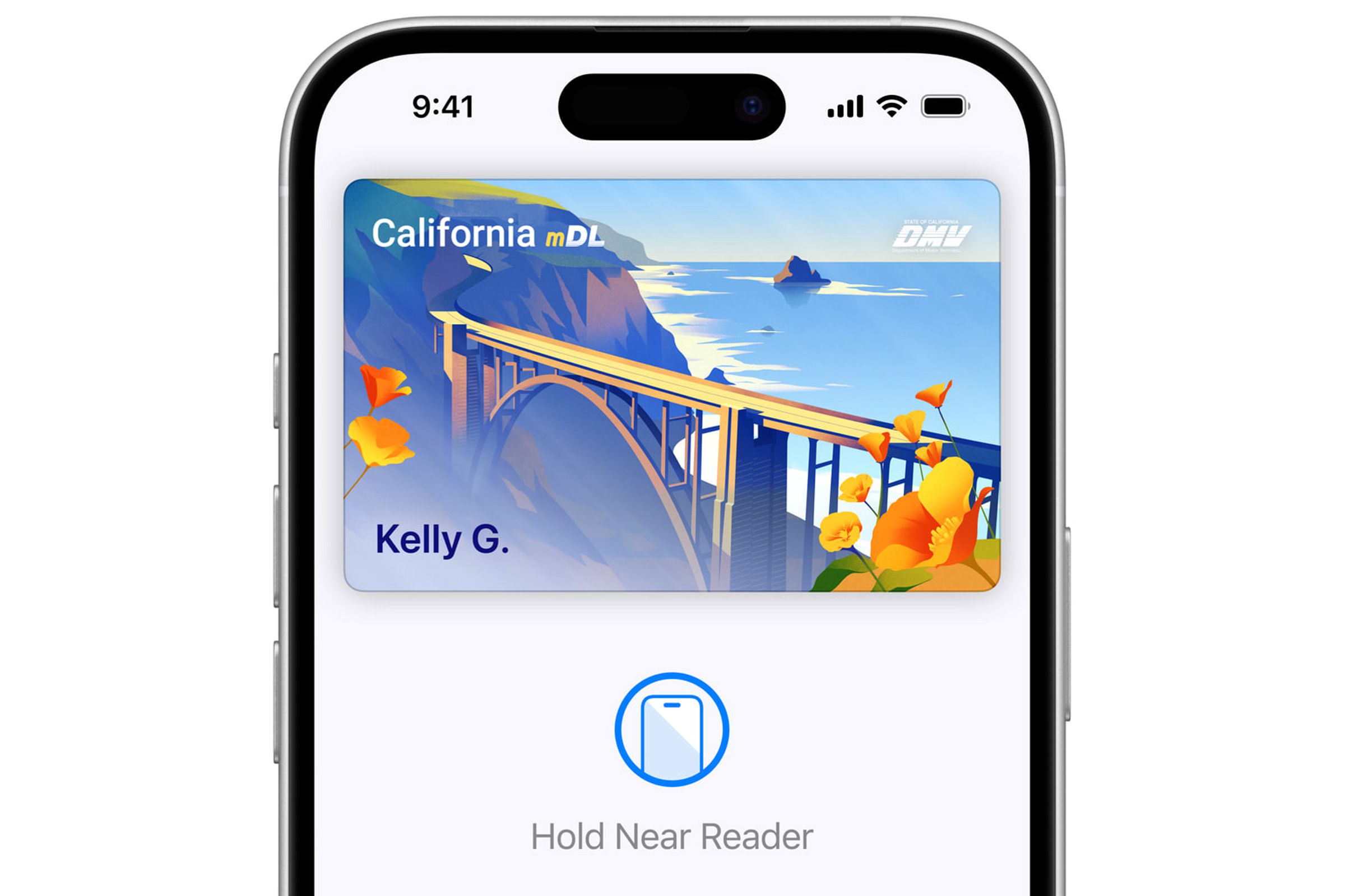 A California driver’s license in Apple Wallet on an iPhone.