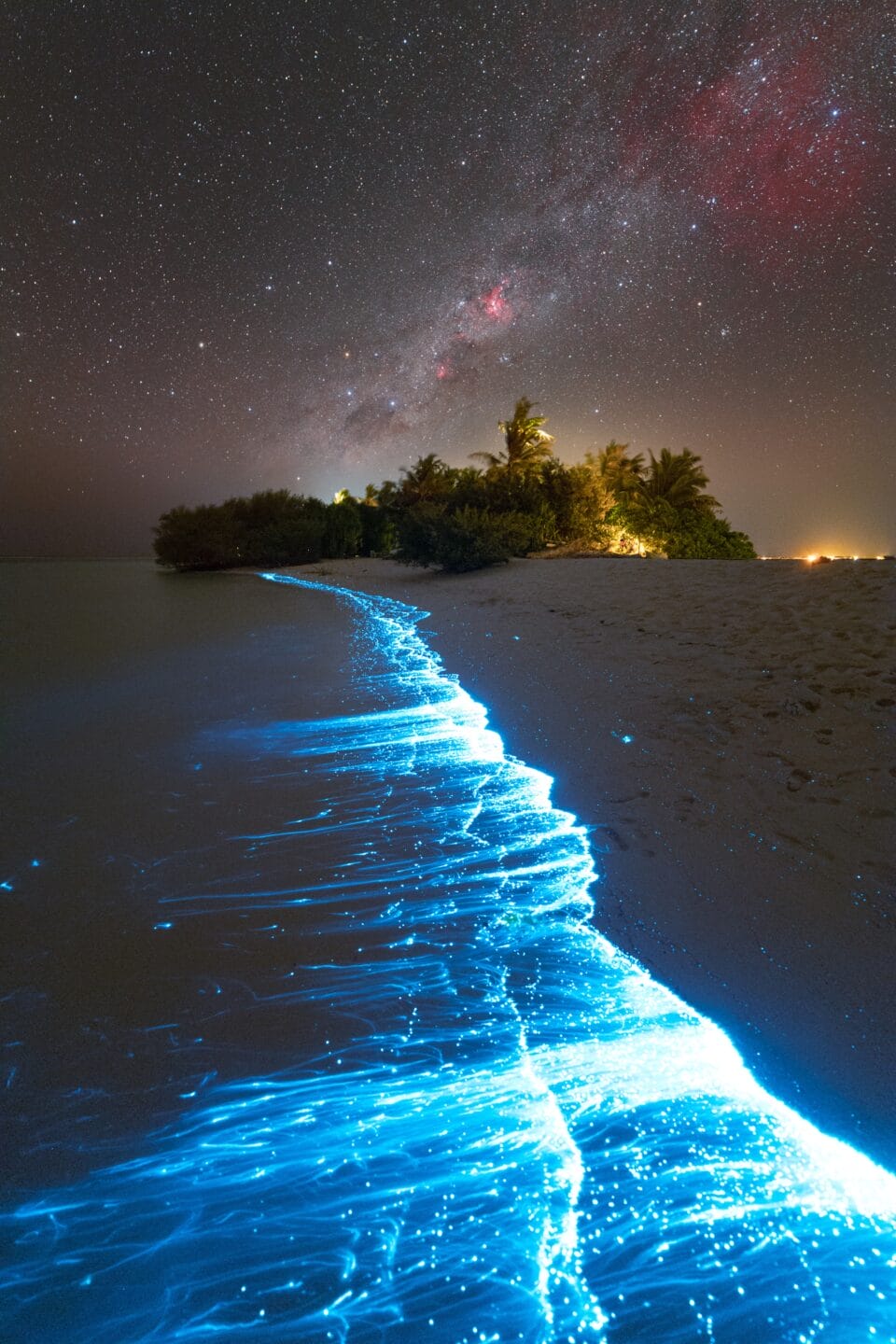 radiant blue tides wash up on a beach with a star studded sky ahead