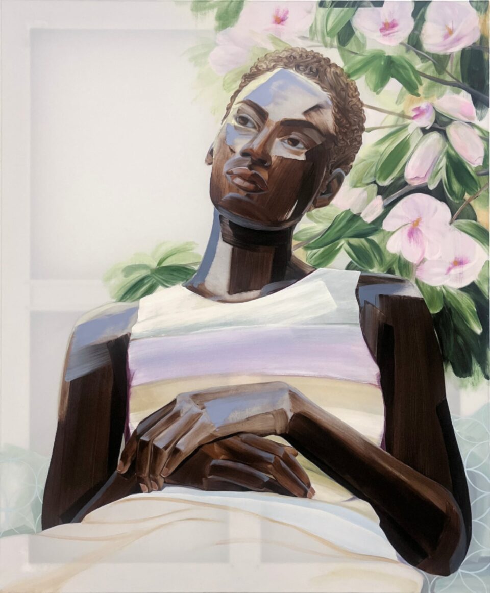 a painting of a woman leaning back on her chair with pink flowers behind her. she has purple brushstrokes on her body