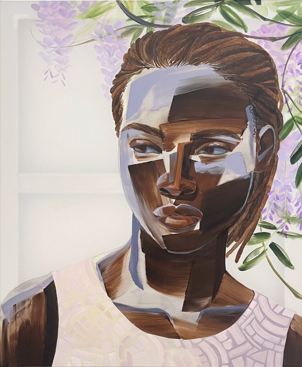 a painting of a woman comprised of brown and purple brushstrokes. there are purple flowers behind her