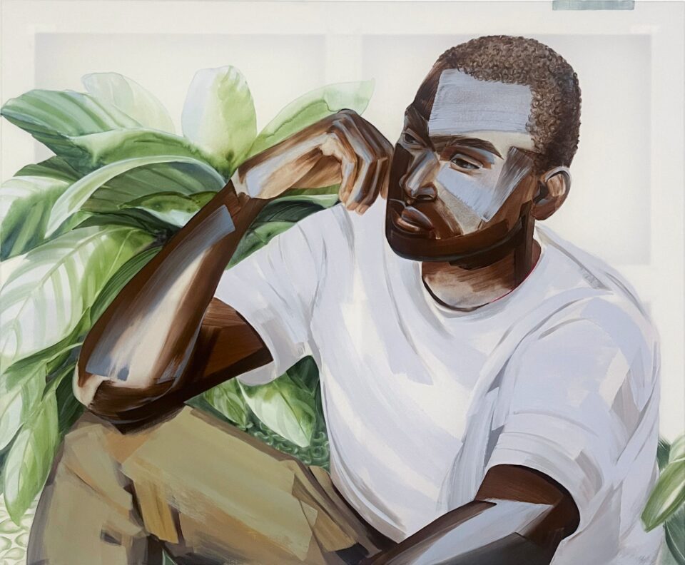 a painting of a woman comprised of brown and purple brushstrokes. he wears a white shirt and tan pants with a green plant behind him