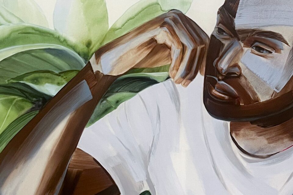 a detail of a painting of a woman comprised of brown and purple brushstrokes. he wears a white shirt and tan pants with a green plant behind him