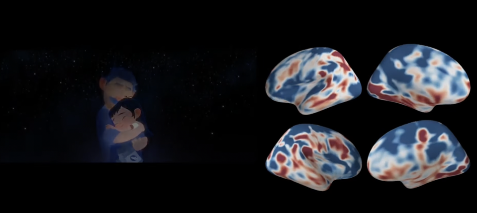 cartoon man and child embrace on left, four stylized brains on right with various splotches of red and blue