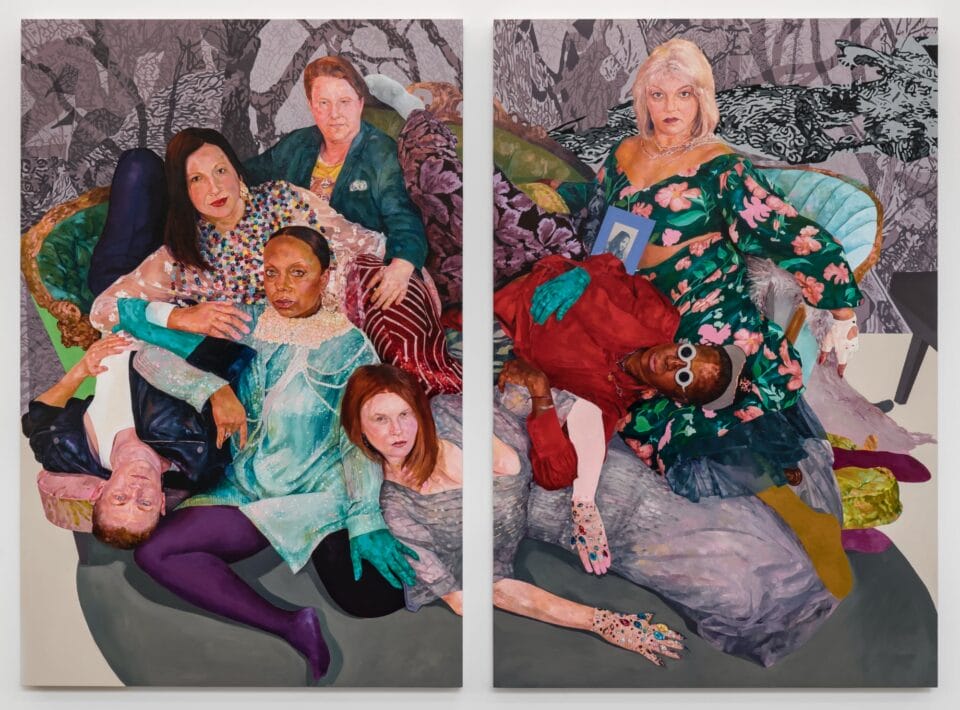 a diptych featuring six people in vibrant patterned clothes lounging together on a sofa and chair