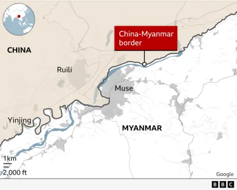 A map of the China-Myanmar border with Ruili marked 