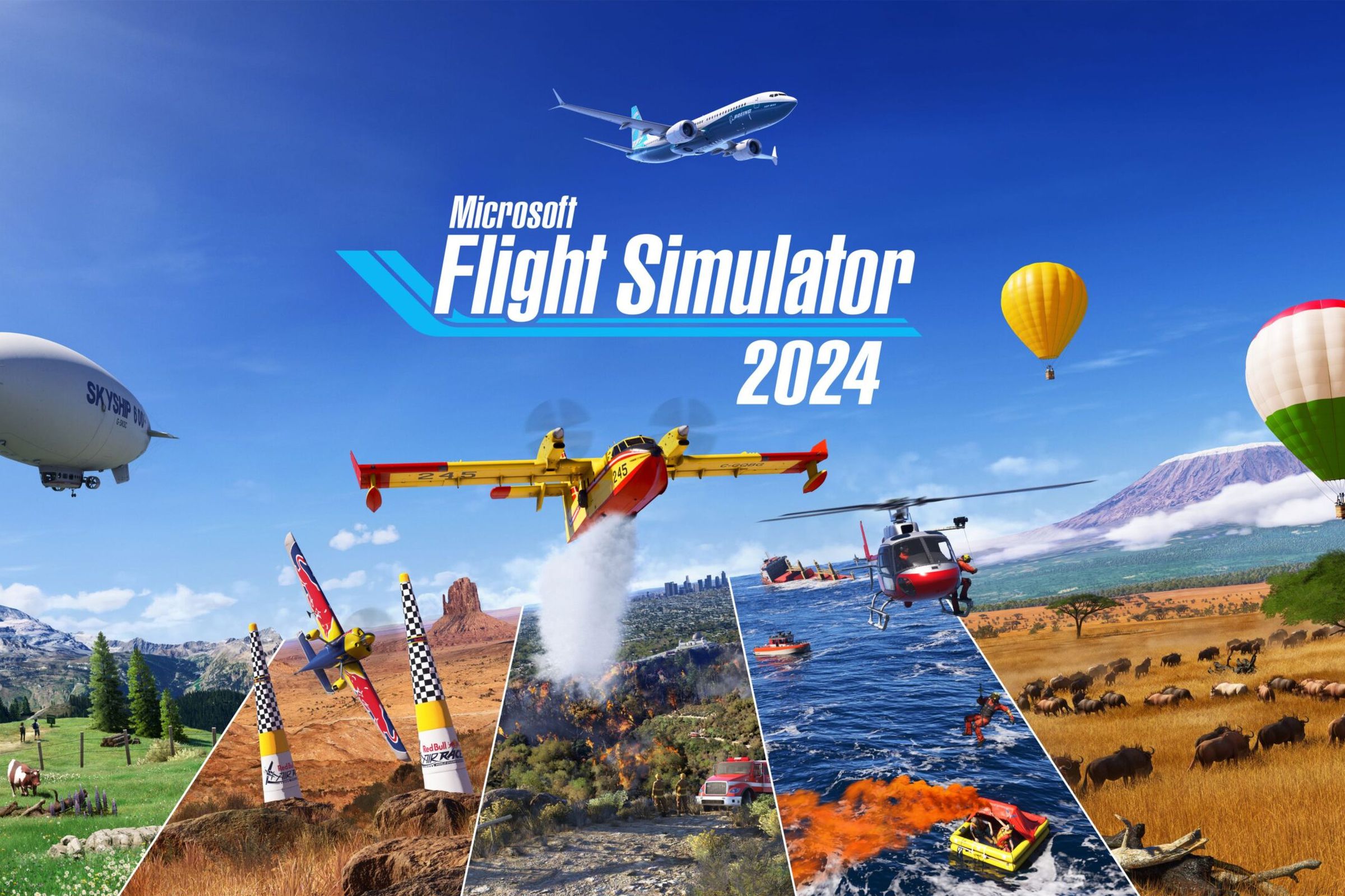 A collage showing the various types of aircraft and scenery in Microsoft Flight Simulator 2024.