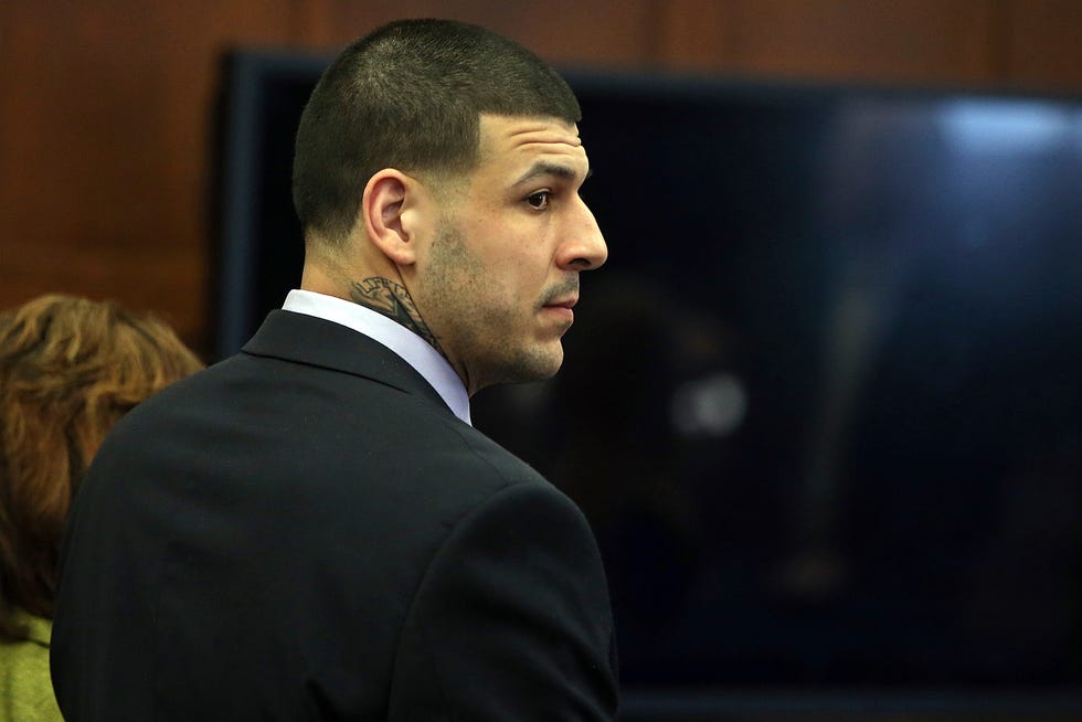 041317 boston, ma former new england patriots tight end aaron hernandez stands at the defense table when court is adjourned without a verdict on day 5 of jury deliberations in his double murder trial at suffolk superior court on thursday, april 13