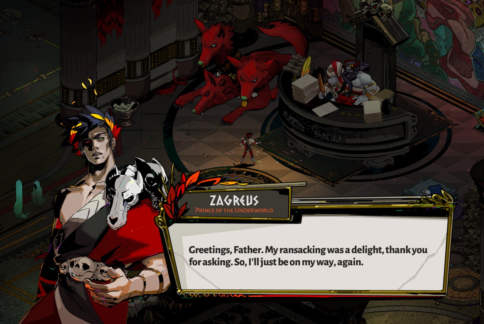 Zagreus speaks with his father in a screenshot from Hades