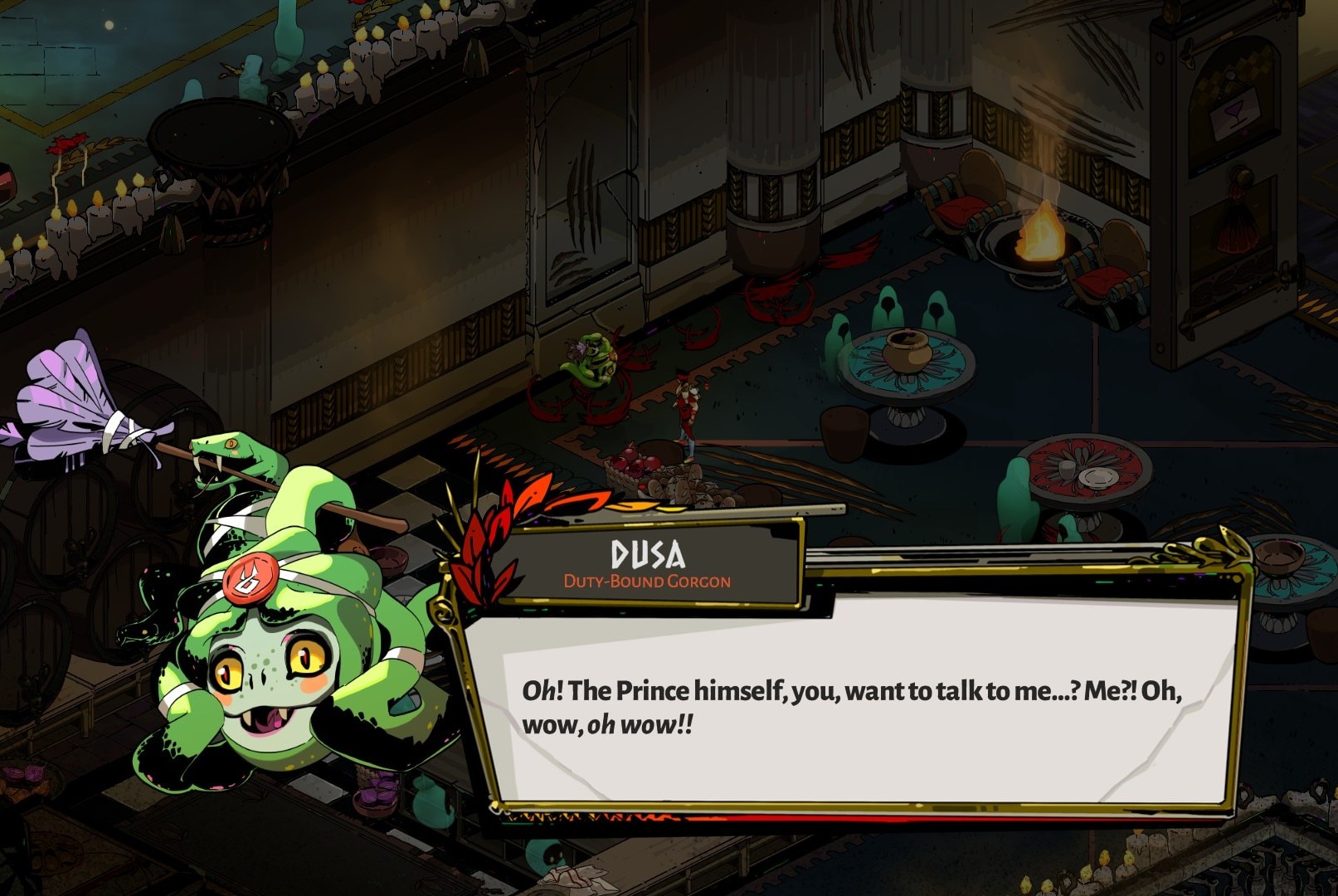 Dusa speaks with Zagreus in a screenshot from Hades