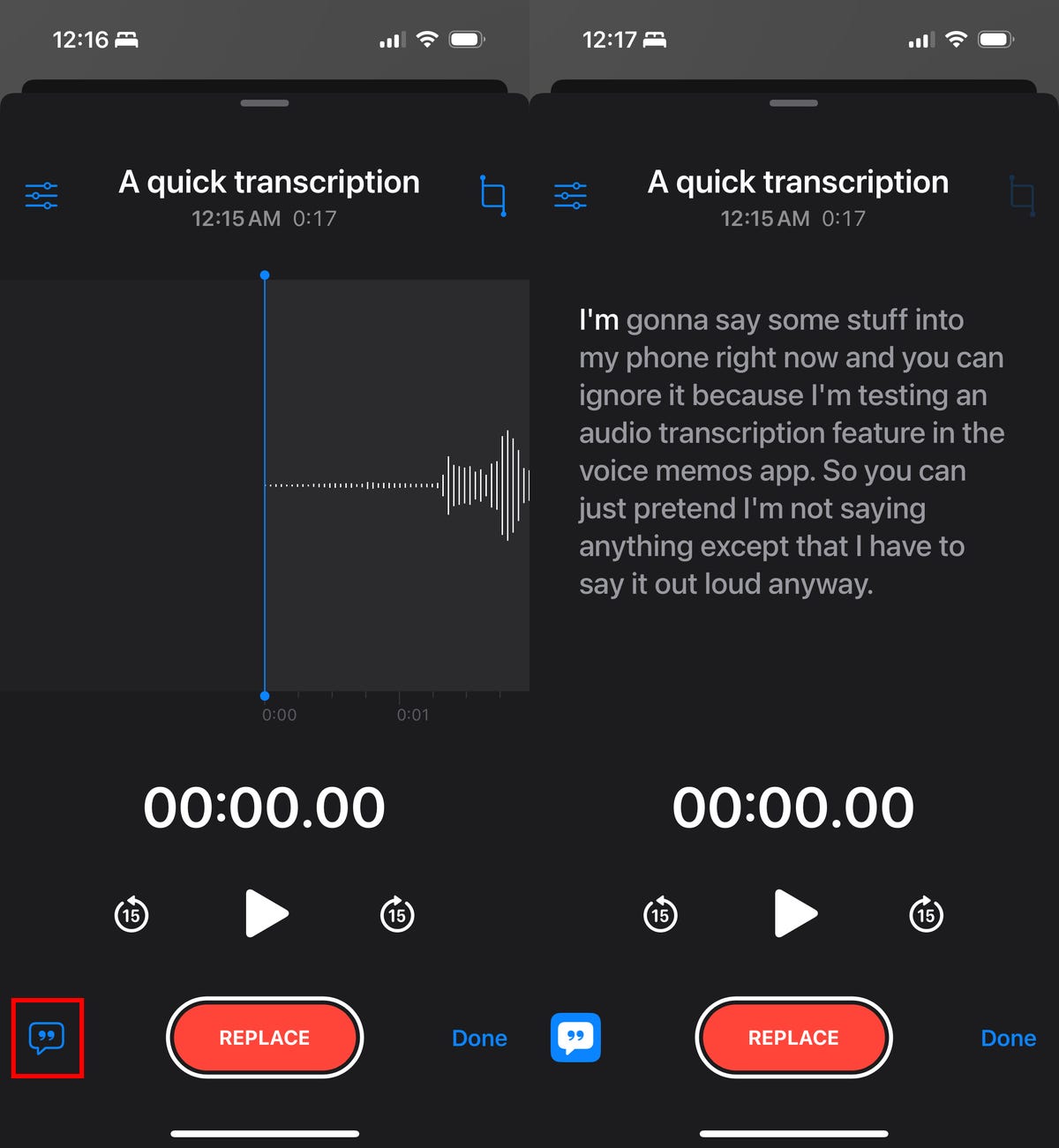 Two iPhone screenshots of editing a recording in the Voice Memos app. At left is the waveform of the recording and a Transcribe button highlighted in red. At right is the generated text of the audio.