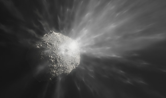 This artist’s illustration shows the ejection of a cloud of debris after NASA’s DART spacecraft collided with the asteroid Dimorphos. Image credit: ESO / M. Kornmesser.