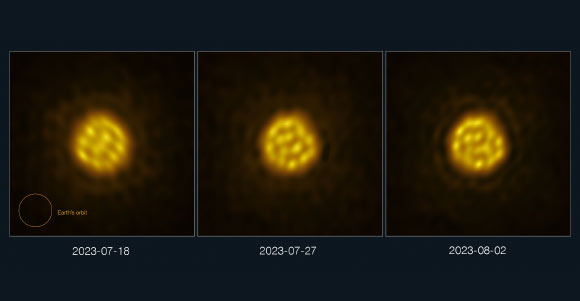 These images of R Doradus were taken with ALMA on July 18, July 27 and August 2, 2023. Image credit: ALMA / ESO / NAOJ / NRAO / Vlemmings et al.