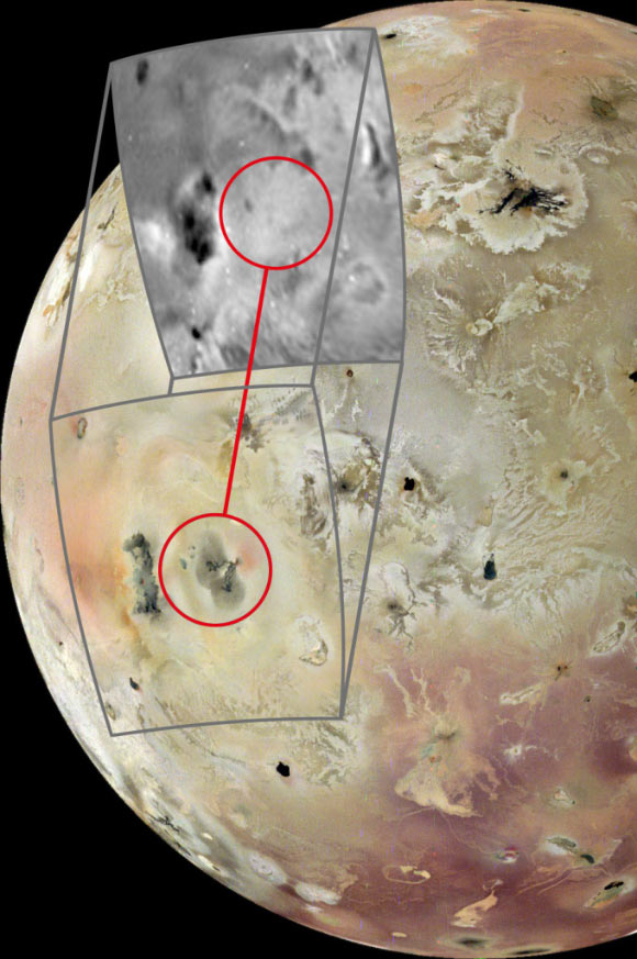 A comparison of the JunoCam image from February 2024 with Galileo spacecraft imagery of the same area in November 1997 (grayscale insert) reveals a new volcanic feature on the surface of Io. Image credit: NASA / JPL-Caltech / SwRI / MSSS / Europlanet.