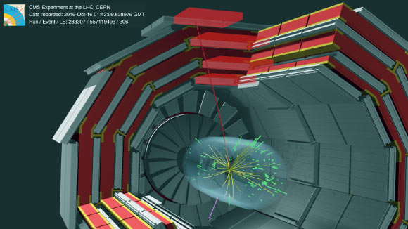 CMS candidate collision event for a W boson decaying into a muon (red line) and a neutrino that escapes detection (pink arrow). Image credit: CMS / CERN.