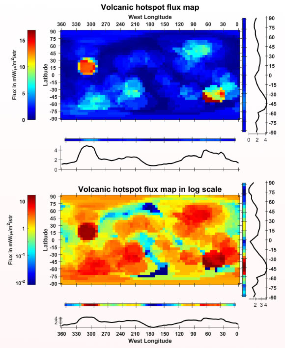 These are maps of the global volcanic flux on Io in an equirectangular projection, showing the averaged volcanic flux in milliwatts per square meter per steradian (the most common units for volcanic flux on Io). The top is on a linear scale while the bottom is on a logarithmic color scale. The colored bars and the line plots beside each map show the average flux projected horizontally (to the right of each map) and the average flux projected vertically (below each map) to show trends in flux by latitude and longitude. Image credit: Pettine et al., doi: 10.1029/2023GL105782.