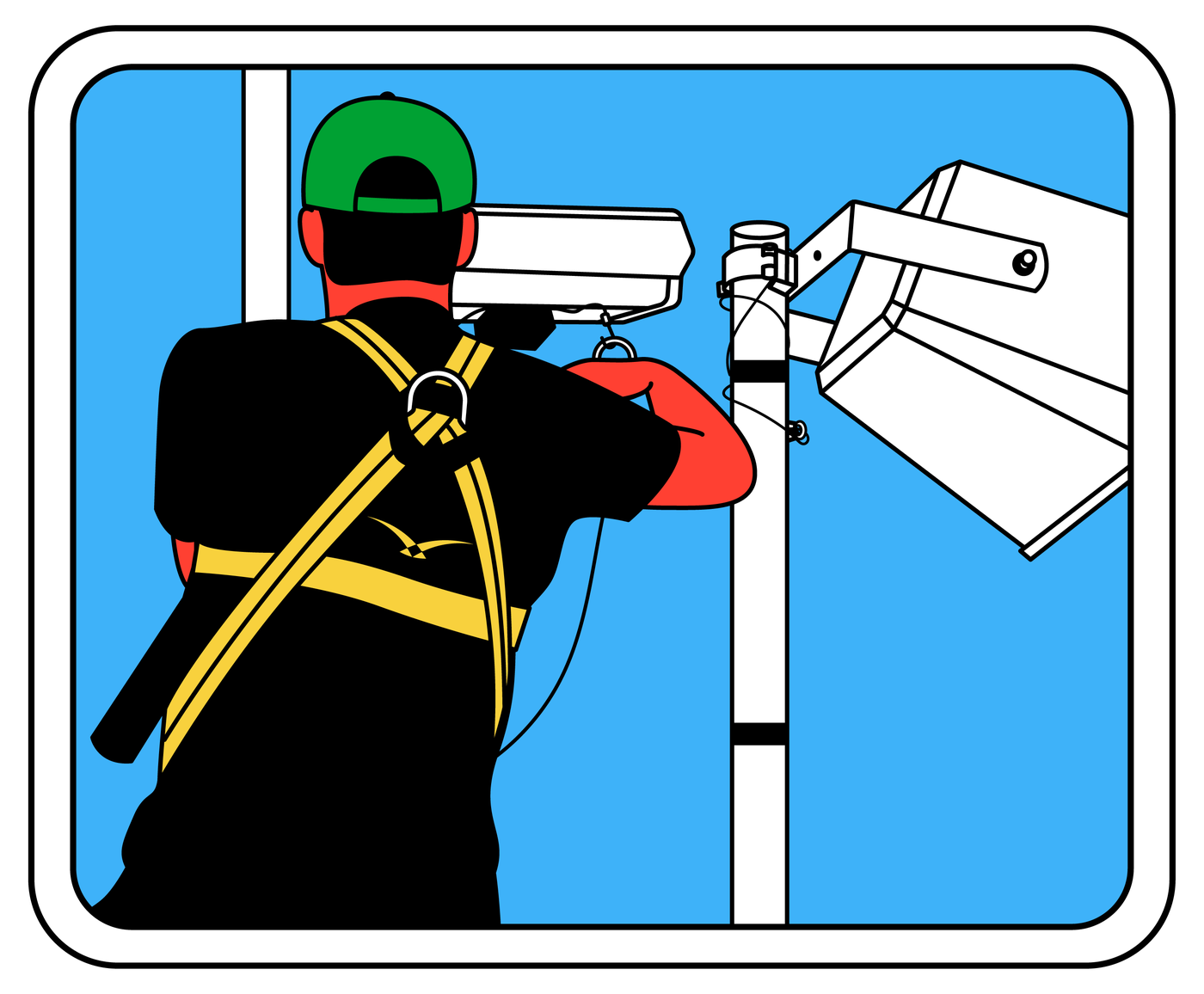 An illustration of a man setting up a Hawk-Eye camera.