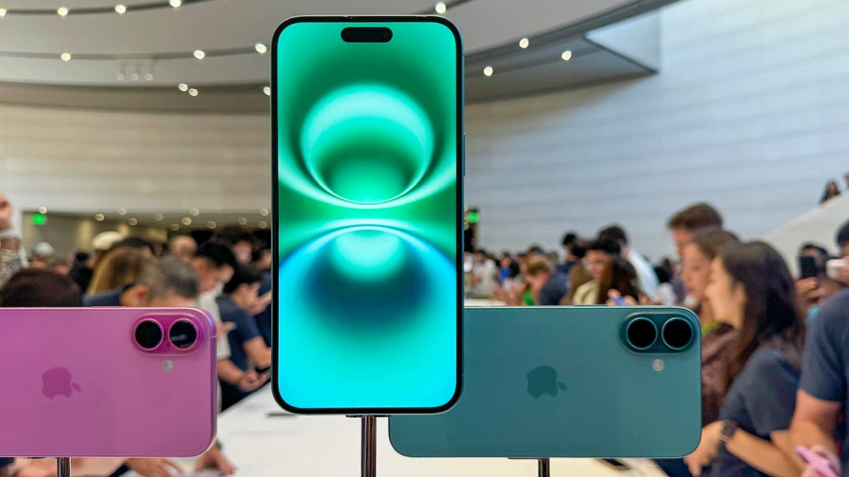 The Apple iPhone 16 Pro is displayed against a gradient teal background.