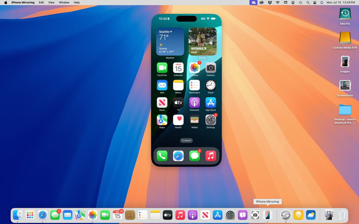 macOS desktop showing the iPhone Mirroring app with a connected iPhone.